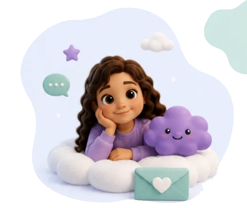 A child on a cloud with a friendly cloud and an envelope