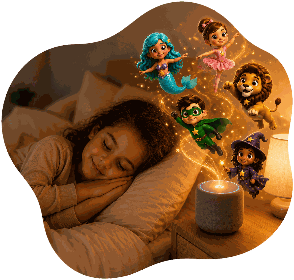 A child asleep while their story characters drift above the speaker
