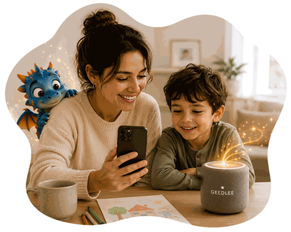 A parent and child listening to a Geedlee story together