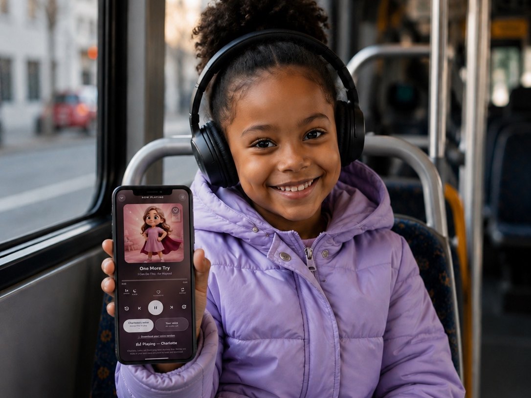 A girl listening to her story on headphones while out and about