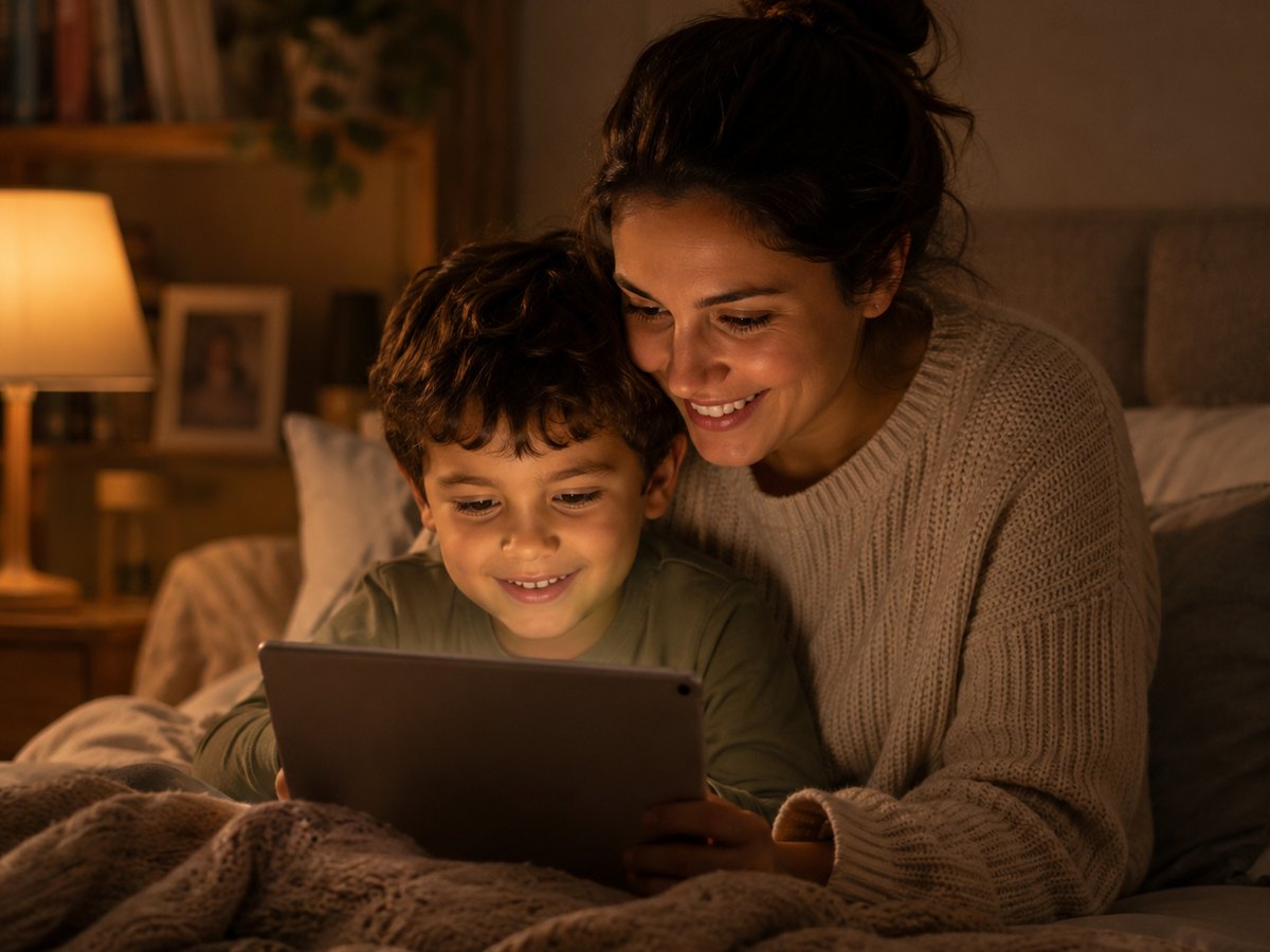 A parent and child listening to a story together at bedtime