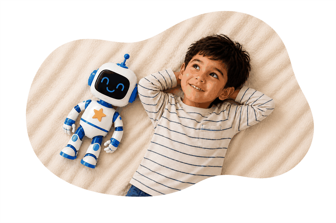 A child lying down beside a Geedlee robot